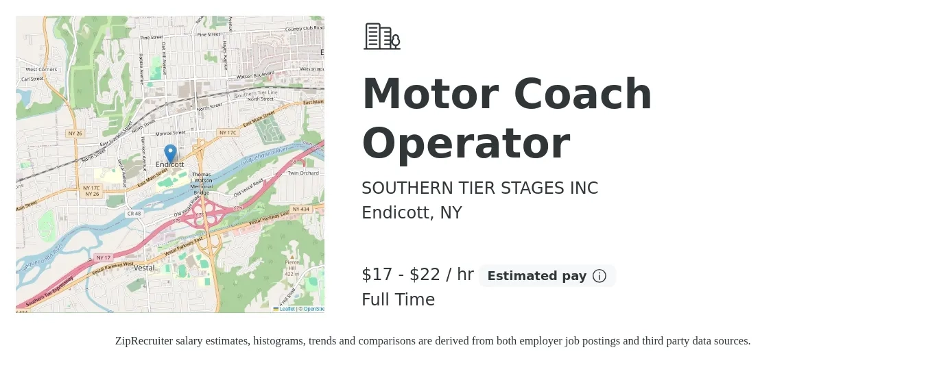 SOUTHERN TIER STAGES INC job posting for a Motor Coach Operator in Endicott, NY with a salary of $18 to $23 Hourly with a map of Endicott location.