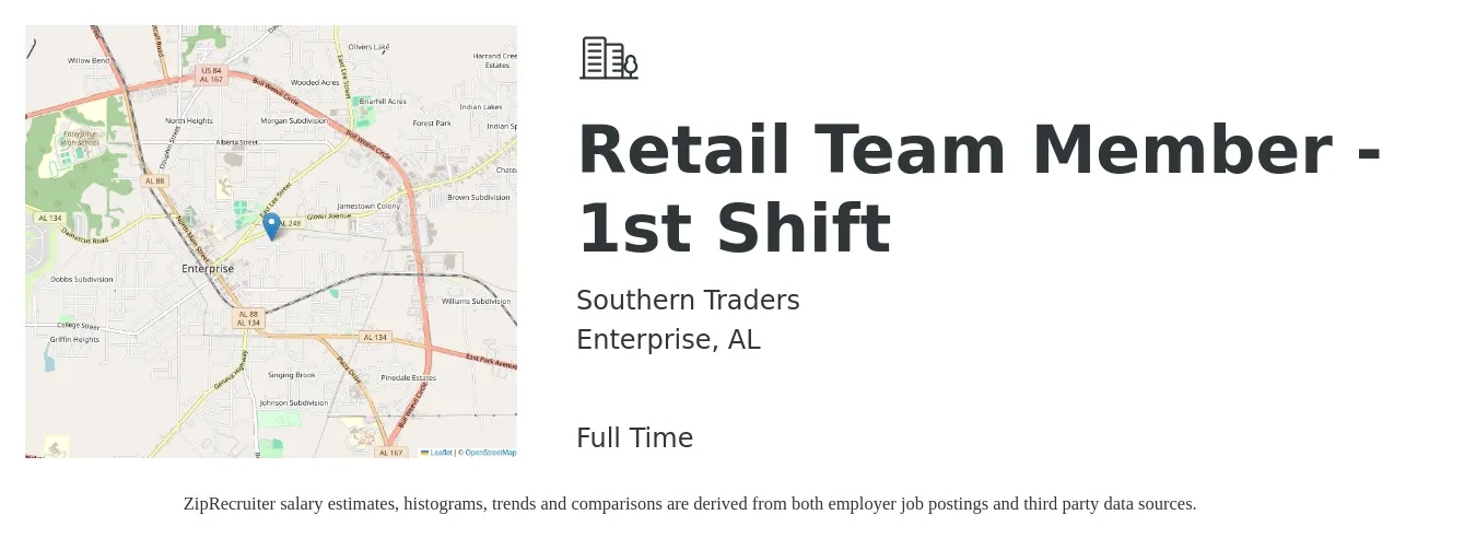 Southern Traders job posting for a Retail Team Member - 1st Shift in Enterprise, AL with a salary of $10 to $14 Hourly with a map of Enterprise location.