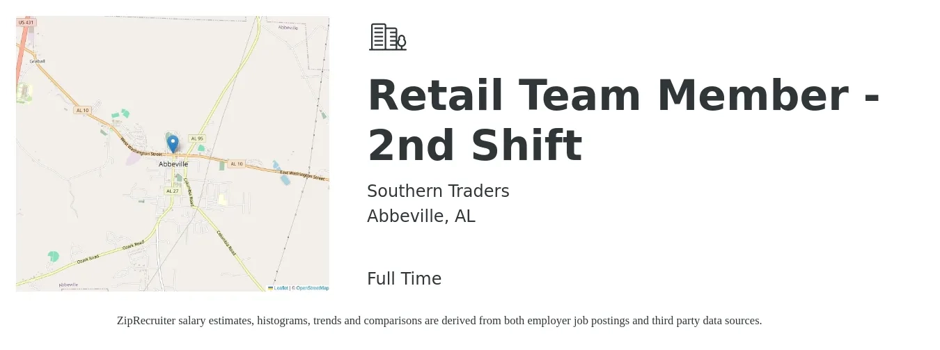 Southern Traders job posting for a Retail Team Member - 2nd Shift in Abbeville, AL with a salary of $10 to $14 Hourly with a map of Abbeville location.