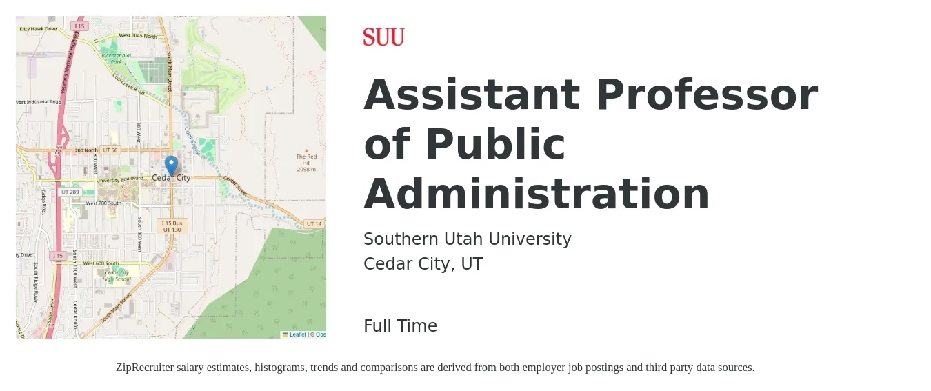 Southern Utah University job posting for a Assistant Professor of Public Administration in Cedar City, UT with a salary of $63,300 to $72,600 Yearly with a map of Cedar City location.