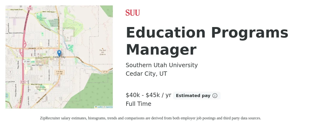 Southern Utah University job posting for a Education Programs Manager in Cedar City, UT with a salary of $49,000 to $70,500 Yearly with a map of Cedar City location.
