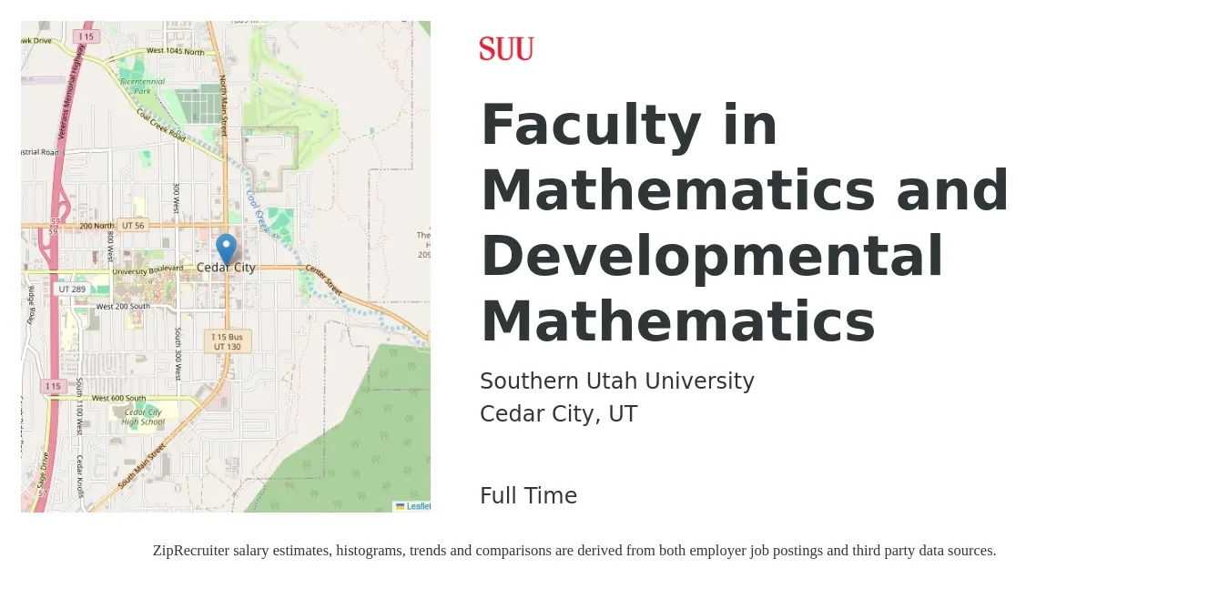 Southern Utah University job posting for a Faculty in Mathematics and Developmental Mathematics in Cedar City, UT with a salary of $15 to $25 Hourly with a map of Cedar City location.