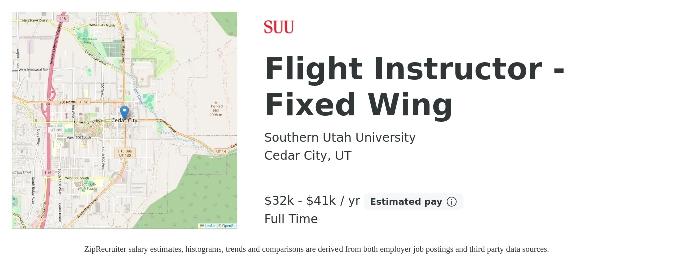 Southern Utah University job posting for a Flight Instructor - Fixed Wing in Cedar City, UT with a salary of $32,500 to $41,000 Yearly with a map of Cedar City location.