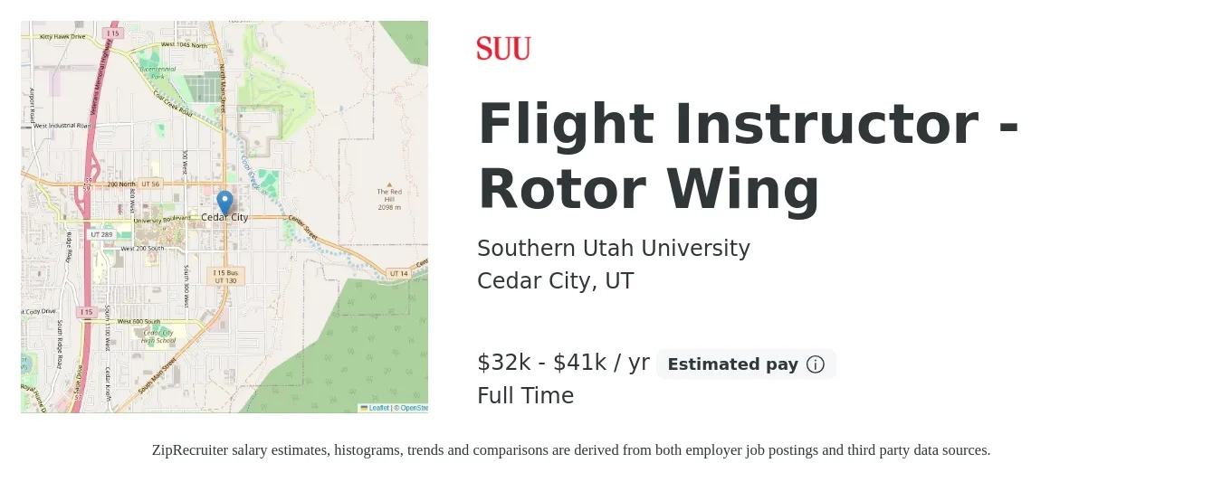 Southern Utah University job posting for a Flight Instructor - Rotor Wing in Cedar City, UT with a salary of $32,500 to $41,000 Yearly with a map of Cedar City location.