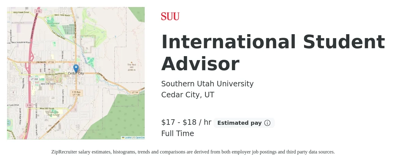 Southern Utah University job posting for a International Student Advisor in Cedar City, UT with a salary of $38,000 to $40,000 Yearly with a map of Cedar City location.