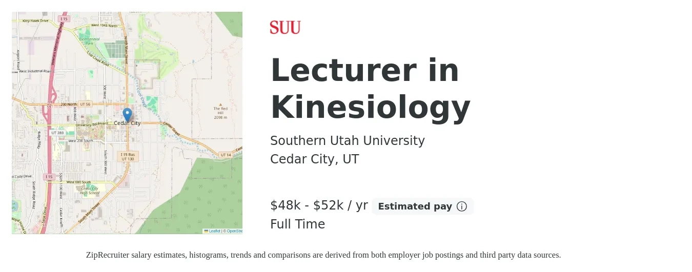 Southern Utah University job posting for a Lecturer in Kinesiology in Cedar City, UT with a salary of $48,000 to $52,000 Yearly with a map of Cedar City location.