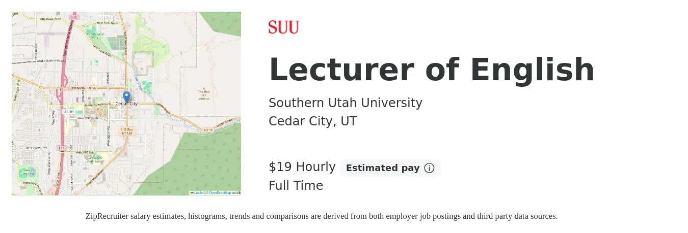 Southern Utah University job posting for a Lecturer of English in Cedar City, UT with a salary of $42,000 to $43,000 Yearly with a map of Cedar City location.
