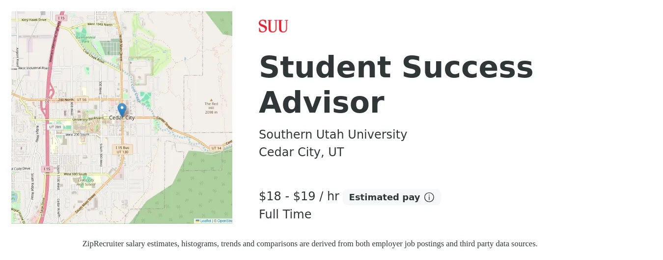 Southern Utah University job posting for a Student Success Advisor in Cedar City, UT with a salary of $40,000 to $42,000 Yearly with a map of Cedar City location.