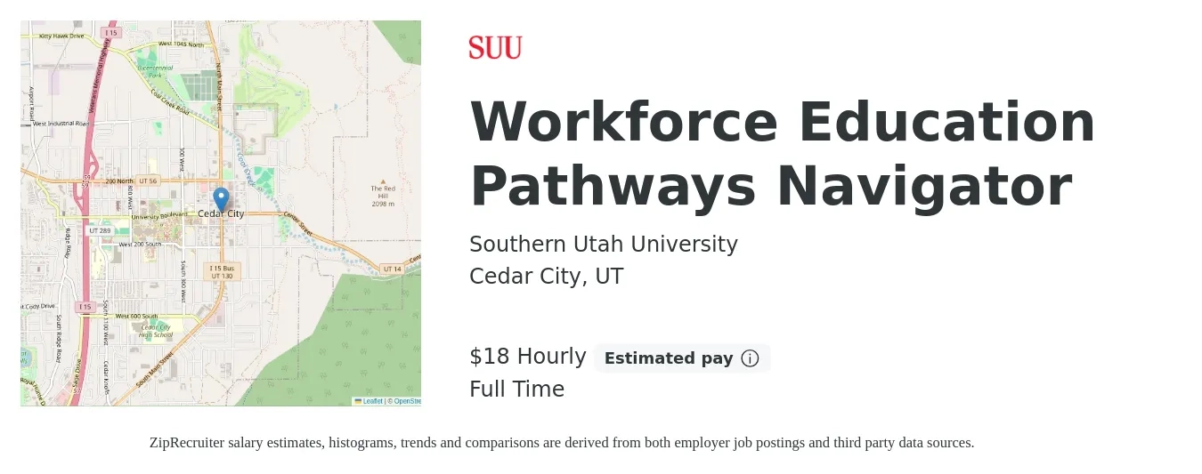 Southern Utah University job posting for a Workforce Education Pathways Navigator in Cedar City, UT with a salary of $19 Hourly with a map of Cedar City location.