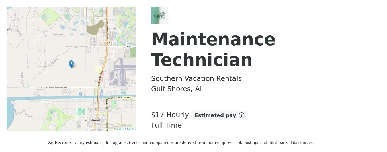 Southern Vacation Rentals job posting for a Maintenance Technician in Gulf Shores, AL with a salary of $18 Hourly with a map of Gulf Shores location.