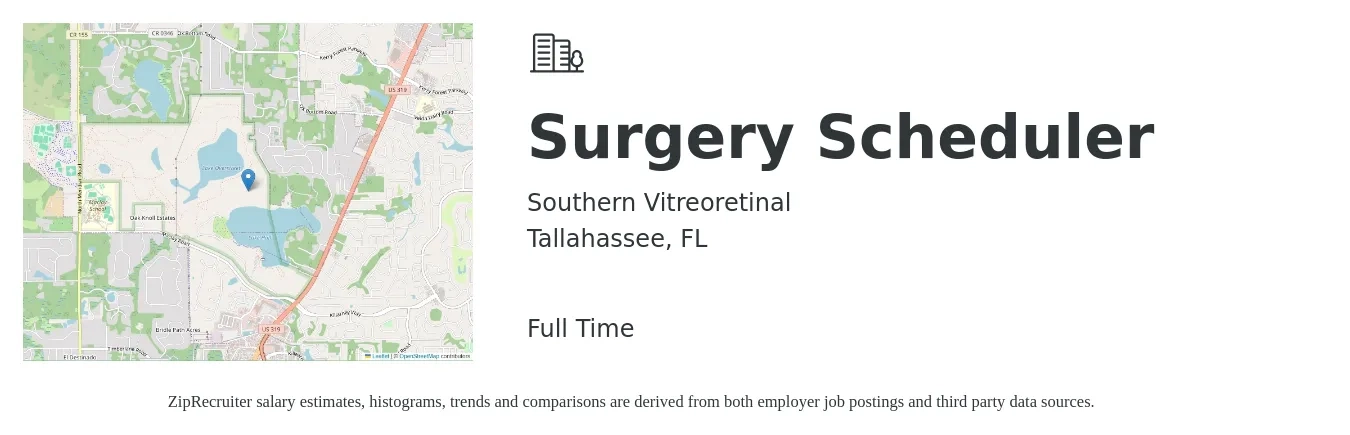 Southern Vitreoretinal job posting for a Surgery Scheduler in Tallahassee, FL with a salary of $16 to $20 Hourly with a map of Tallahassee location.