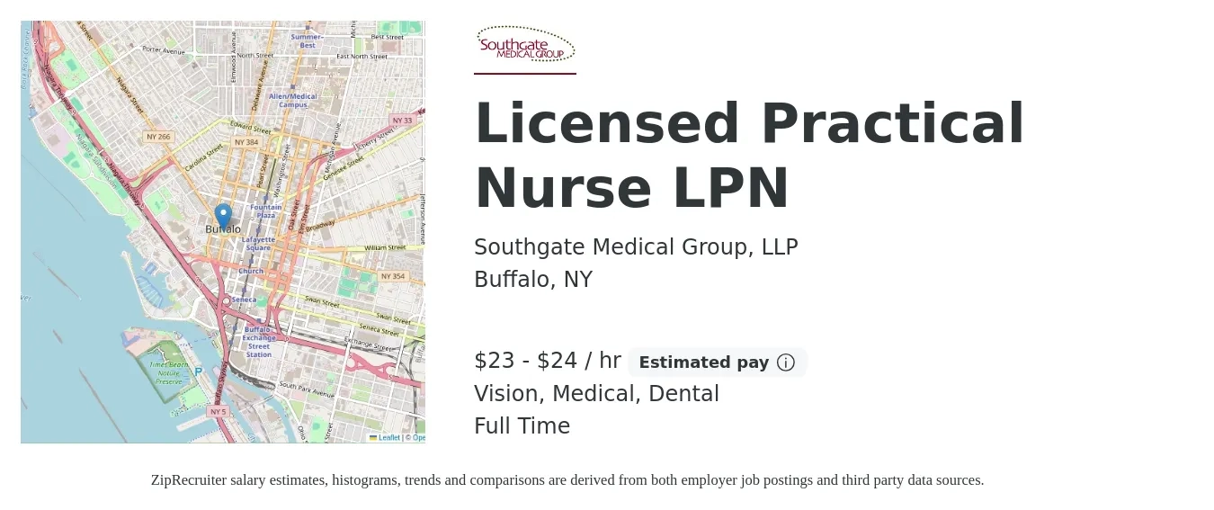 Southgate Medical Group, LLP job posting for a Licensed Practical Nurse LPN in Buffalo, NY with a salary of $53,000 to $57,000 Yearly and benefits including retirement, vision, dental, life_insurance, medical, and pto with a map of Buffalo location.