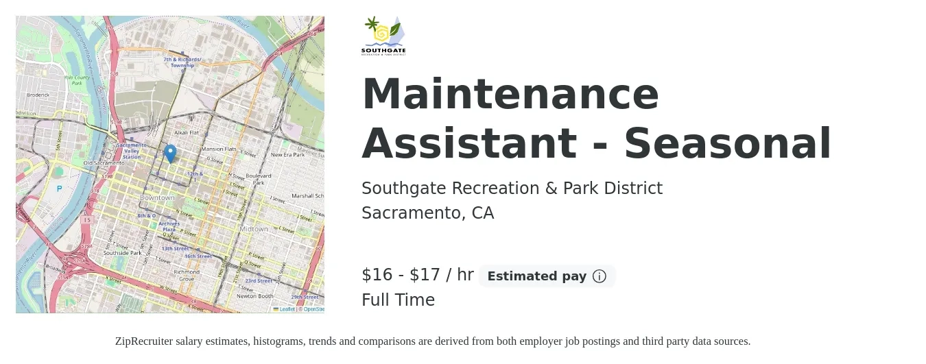 Southgate Recreation & Park District job posting for a Maintenance Assistant - Seasonal in Sacramento, CA with a salary of $18 to $18 Hourly with a map of Sacramento location.