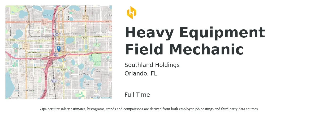 Southland Holdings job posting for a Heavy Equipment Field Mechanic in Orlando, FL with a salary of $24 to $34 Hourly with a map of Orlando location.