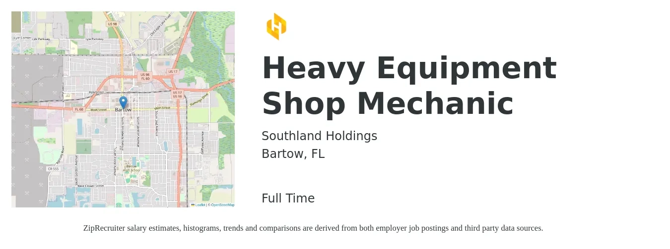 Southland Holdings job posting for a Heavy Equipment Shop Mechanic in Bartow, FL with a salary of $22 to $28 Hourly with a map of Bartow location.
