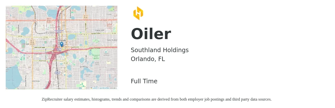 Southland Holdings job posting for a Oiler in Orlando, FL with a salary of $16 to $24 Hourly with a map of Orlando location.