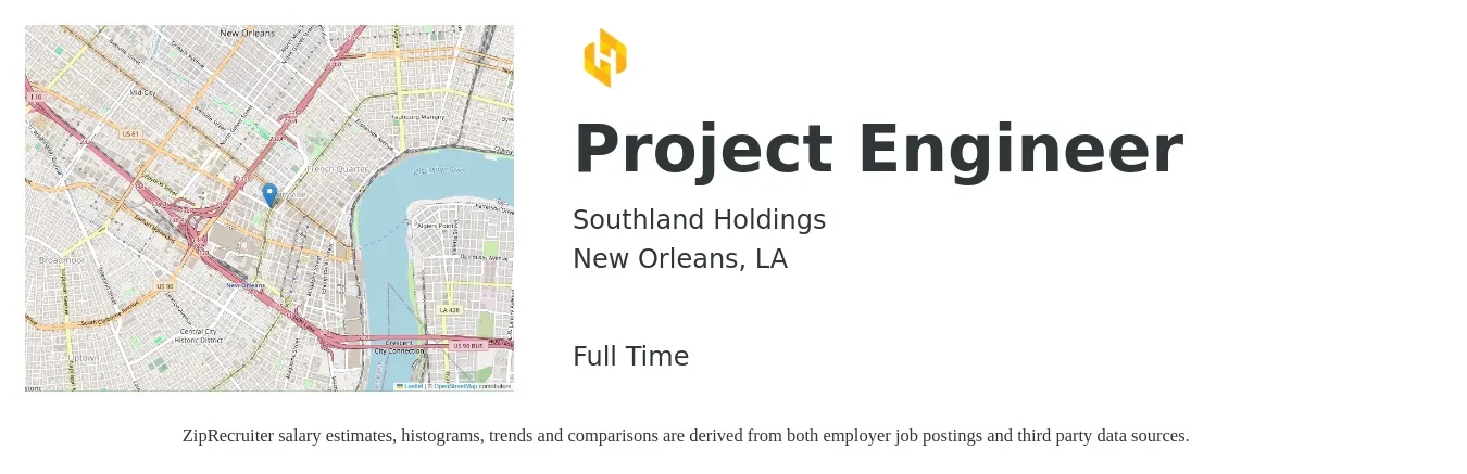 Southland Holdings job posting for a Project Engineer in New Orleans, LA with a salary of $71,100 to $99,400 Yearly with a map of New Orleans location.