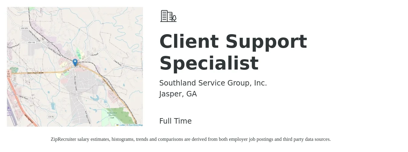 Southland Service Group, Inc. job posting for a Client Support Specialist in Jasper, GA with a salary of $17 Hourly with a map of Jasper location.
