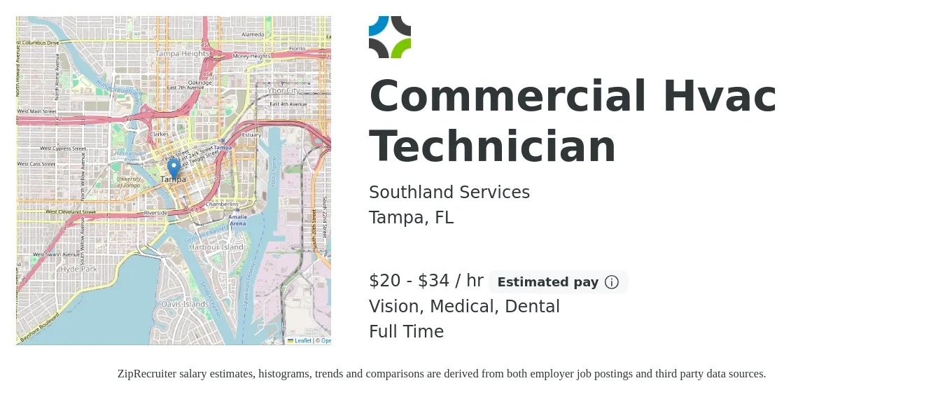 Southland Services job posting for a Commercial Hvac Technician in Tampa, FL with a salary of $21 to $36 Hourly and benefits including dental, life_insurance, medical, pto, retirement, and vision with a map of Tampa location.