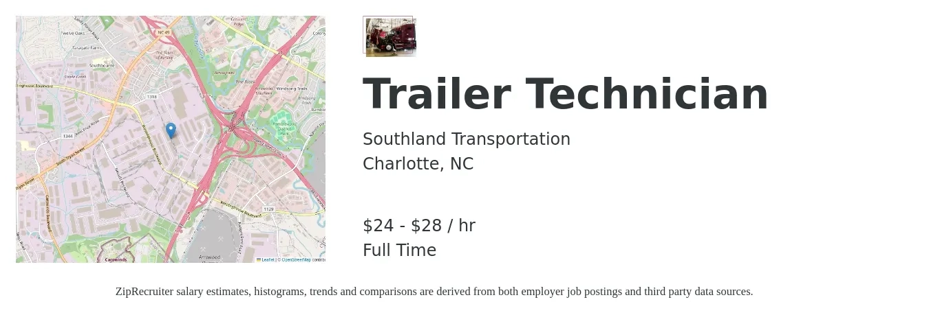 Southland Transportation job posting for a Trailer Technician in Charlotte, NC with a salary of $25 to $30 Hourly with a map of Charlotte location.