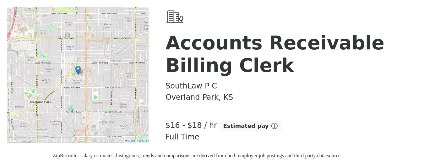 SouthLaw P C job posting for a Accounts Receivable Billing Clerk in Overland Park, KS with a salary of $17 to $19 Hourly with a map of Overland Park location.