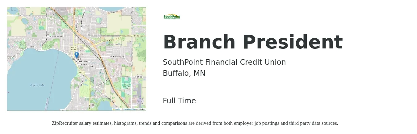 SouthPoint Financial Credit Union job posting for a Branch President in Buffalo, MN with a salary of $20 to $26 Hourly with a map of Buffalo location.