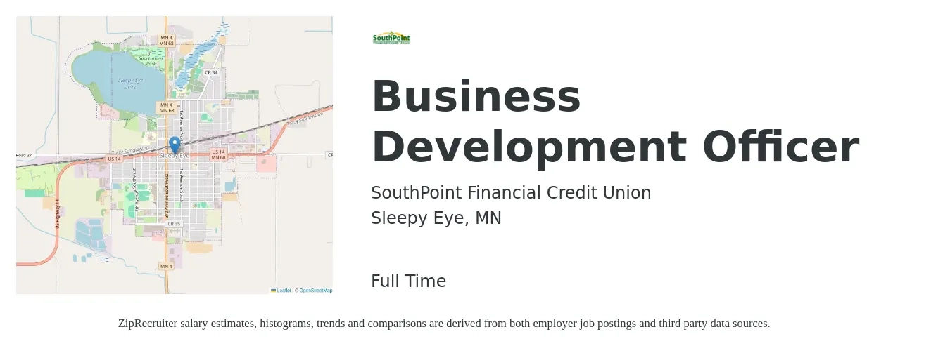 SouthPoint Financial Credit Union job posting for a Business Development Officer in Sleepy Eye, MN with a salary of $66,900 to $97,100 Yearly with a map of Sleepy Eye location.