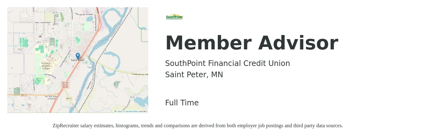 SouthPoint Financial Credit Union job posting for a Member Advisor in Saint Peter, MN with a salary of $16 to $21 Hourly with a map of Saint Peter location.