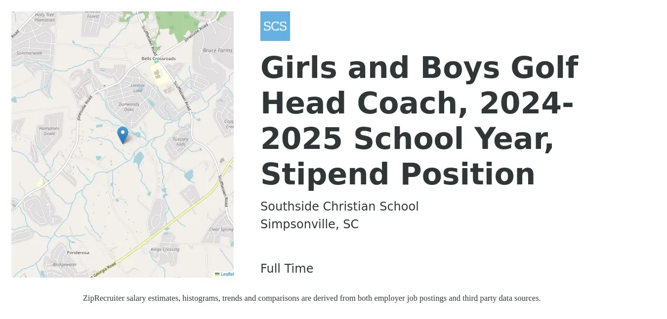 Southside Christian School job posting for a Girls and Boys Golf Head Coach, 2024-2025 School Year, Stipend Position in Simpsonville, SC with a salary of $11 to $24 Hourly with a map of Simpsonville location.