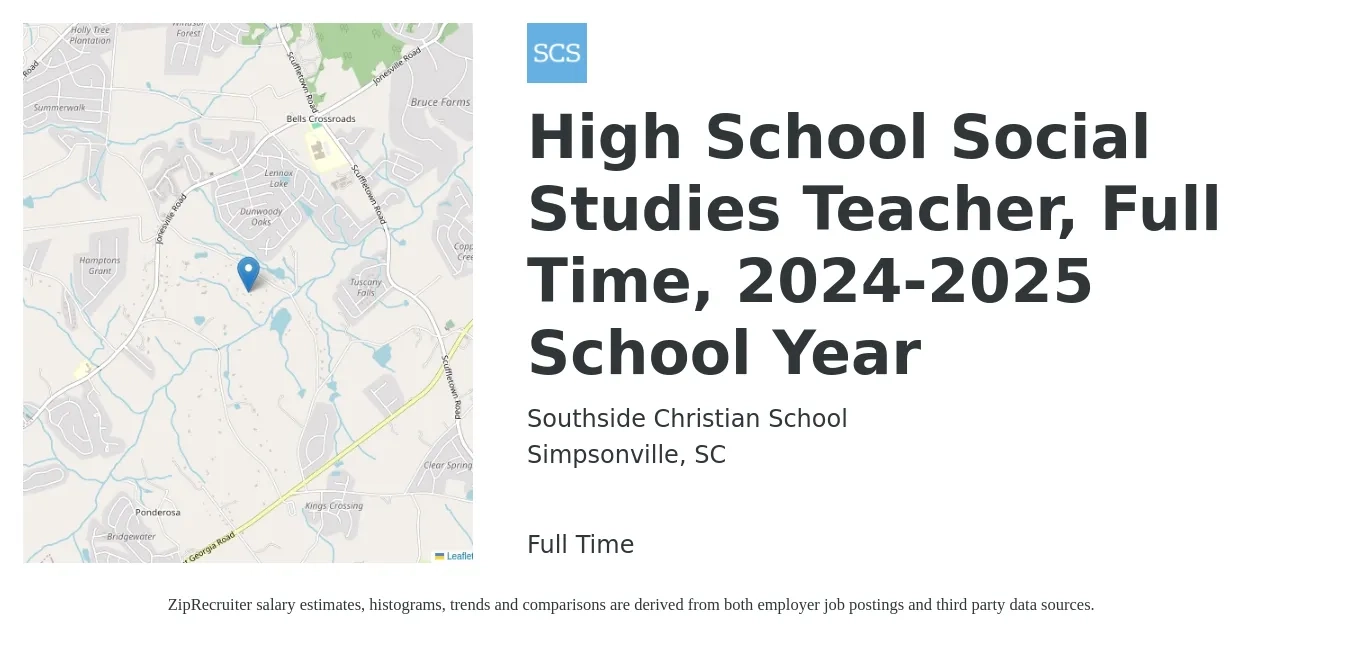 Southside Christian School job posting for a High School Social Studies Teacher, Full Time, 2024-2025 School Year in Simpsonville, SC with a salary of $44,300 to $59,400 Yearly with a map of Simpsonville location.