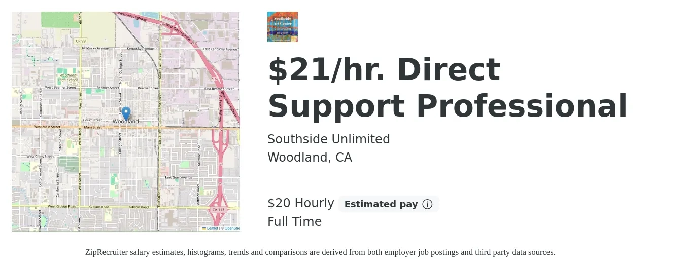 Southside Unlimited job posting for a $21/hr. Direct Support Professional in Woodland, CA with a salary of $21 Hourly with a map of Woodland location.
