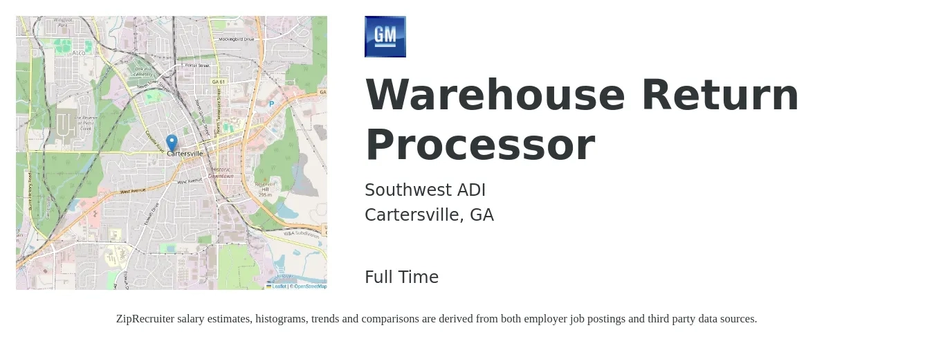 Southwest ADI job posting for a Warehouse Return Processor in Cartersville, GA with a salary of $13 to $15 Hourly with a map of Cartersville location.