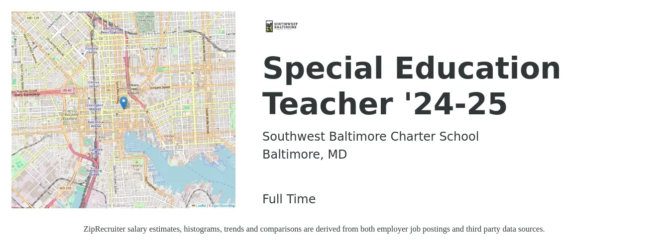 Southwest Baltimore Charter School job posting for a Special Education Teacher '24-25 in Baltimore, MD with a salary of $49,700 to $65,600 Yearly with a map of Baltimore location.