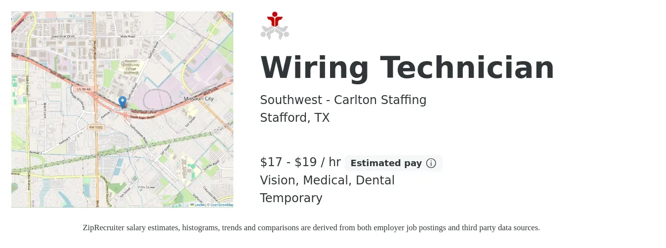 Southwest - Carlton Staffing job posting for a Wiring Technician in Stafford, TX with a salary of $18 to $20 Hourly and benefits including vision, dental, life_insurance, and medical with a map of Stafford location.