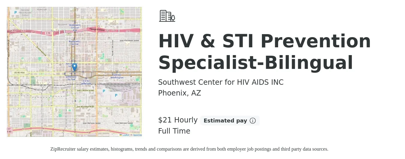Southwest Center for HIV AIDS INC job posting for a HIV & STI Prevention Specialist-Bilingual in Phoenix, AZ with a salary of $23 Hourly with a map of Phoenix location.