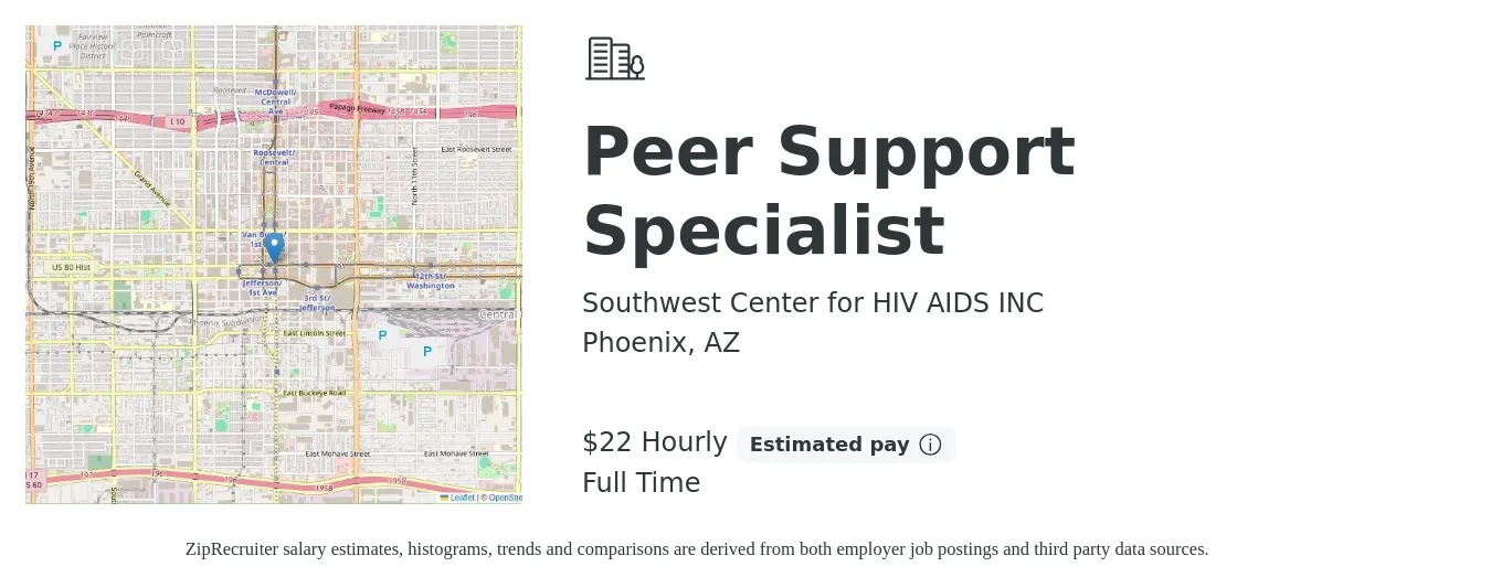Southwest Center for HIV AIDS INC job posting for a Peer Support Specialist in Phoenix, AZ with a salary of $23 Hourly with a map of Phoenix location.