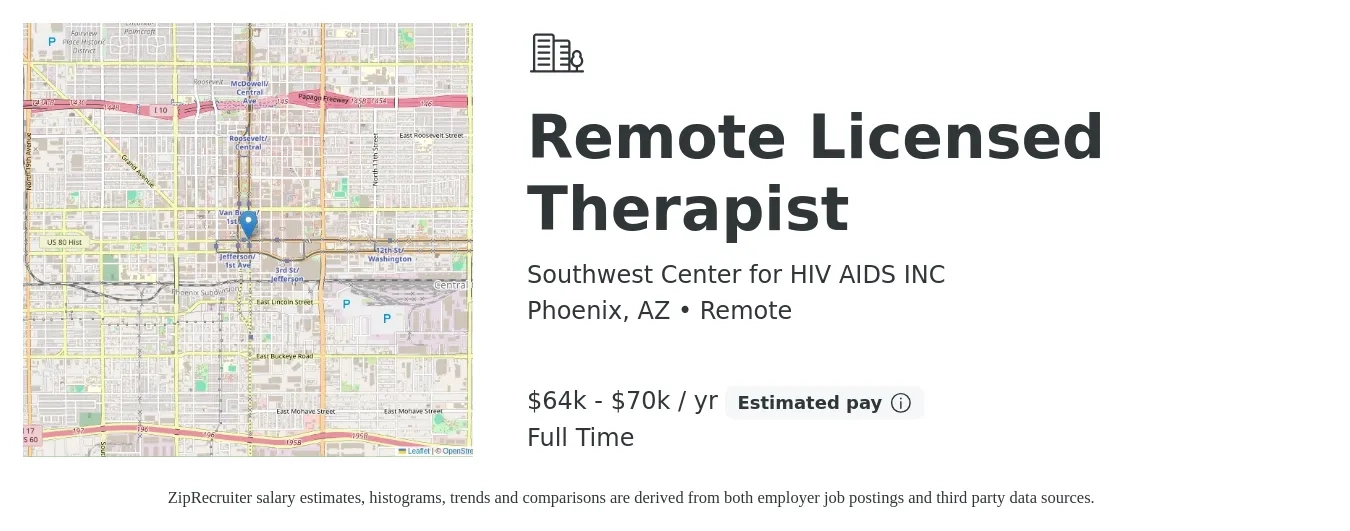 Southwest Center for HIV AIDS, Inc. job posting for a Remote Licensed Therapist in Phoenix, AZ with a salary of $64,000 to $70,000 Yearly with a map of Phoenix location.