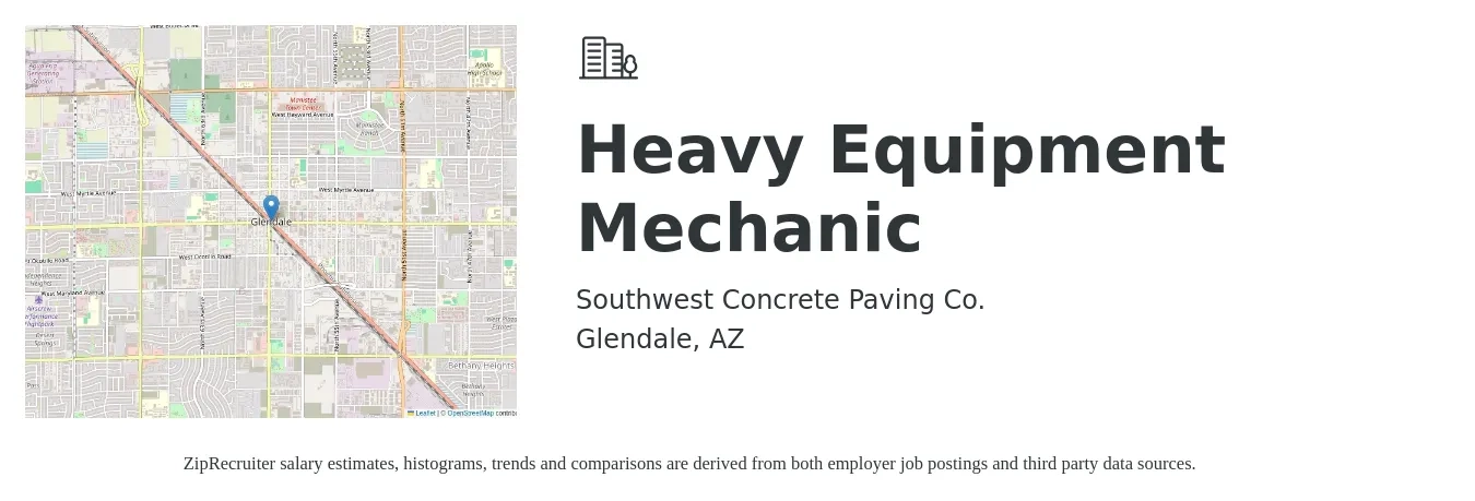 Southwest Concrete Paving Co. job posting for a Heavy Equipment Mechanic in Glendale, AZ with a salary of $27 to $35 Hourly with a map of Glendale location.