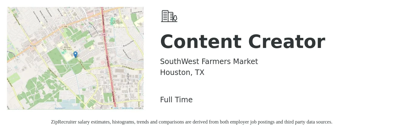 SouthWest Farmers Market job posting for a Content Creator in Houston, TX with a salary of $26 to $45 Hourly with a map of Houston location.