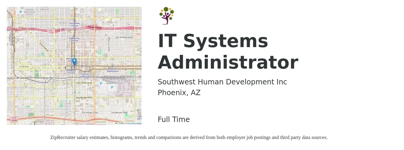 Southwest Human Development Inc job posting for a IT Systems Administrator in Phoenix, AZ with a salary of $63,200 to $89,200 Yearly with a map of Phoenix location.