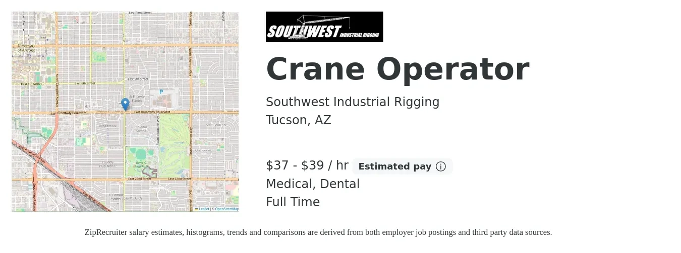 Southwest Industrial Rigging job posting for a Crane Operator in Tucson, AZ with a salary of $39 to $41 Hourly and benefits including retirement, dental, and medical with a map of Tucson location.