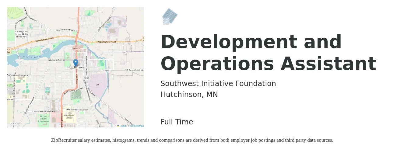 Southwest Initiative Foundation job posting for a Development and Operations Assistant in Hutchinson, MN with a salary of $22 to $25 Hourly with a map of Hutchinson location.