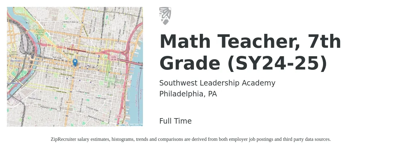Southwest Leadership Academy job posting for a Math Teacher, 7th Grade (SY24-25) in Philadelphia, PA with a salary of $75,000 Yearly with a map of Philadelphia location.