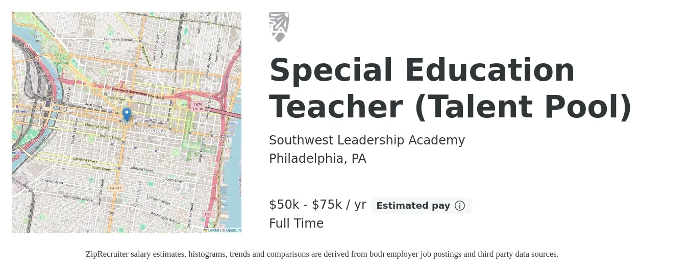 Southwest Leadership Academy job posting for a Special Education Teacher (Talent Pool) in Philadelphia, PA with a salary of $50 Hourly with a map of Philadelphia location.