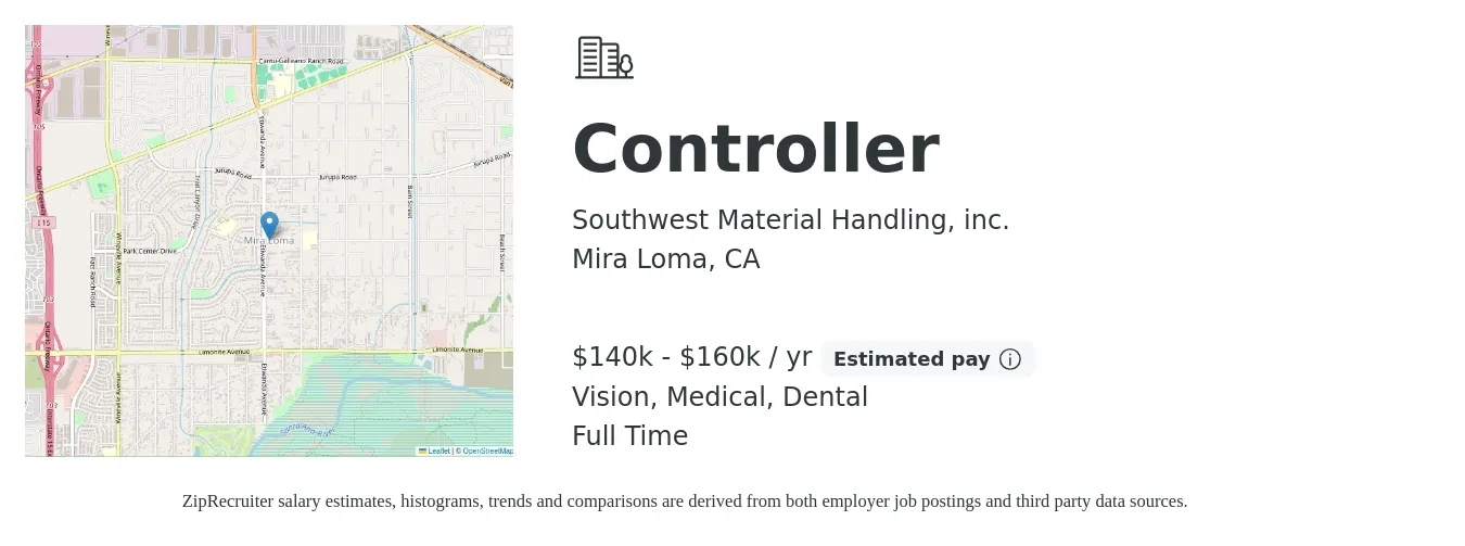 Southwest Material Handling, inc. job posting for a Controller in Mira Loma, CA with a salary of $140,000 to $160,000 Yearly and benefits including dental, life_insurance, medical, retirement, and vision with a map of Mira Loma location.