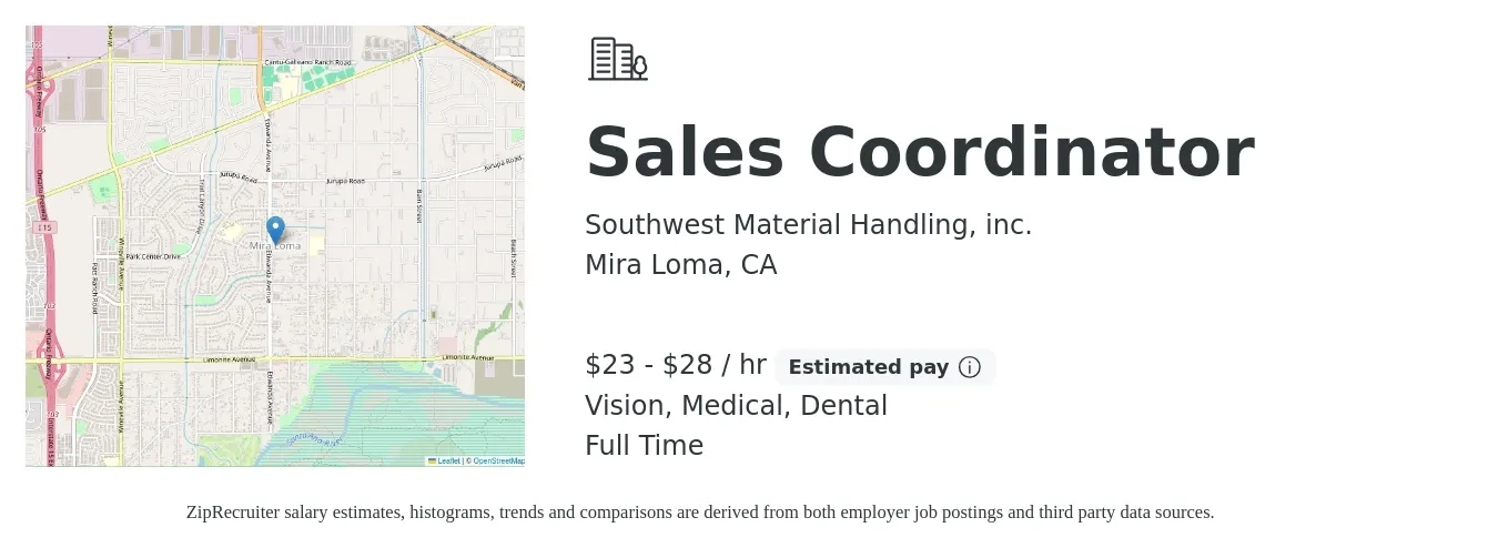 Southwest Material Handling, inc. job posting for a Sales Coordinator in Mira Loma, CA with a salary of $24 to $30 Hourly and benefits including retirement, vision, dental, life_insurance, and medical with a map of Mira Loma location.