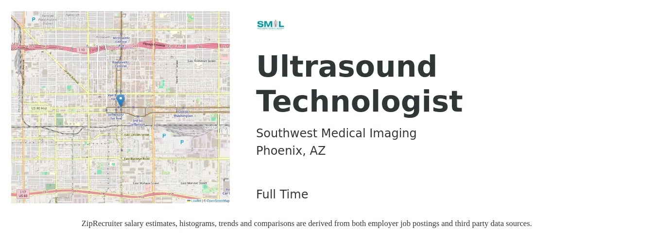 Southwest Medical Imaging job posting for a Ultrasound Technologist in Phoenix, AZ with a salary of $1,530 to $2,590 Weekly with a map of Phoenix location.
