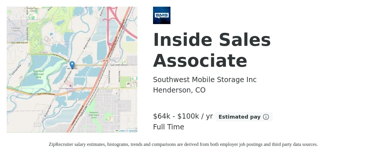 Southwest Mobile Storage Inc job posting for a Inside Sales Associate in Henderson, CO with a salary of $64,000 to $100,000 Yearly with a map of Henderson location.