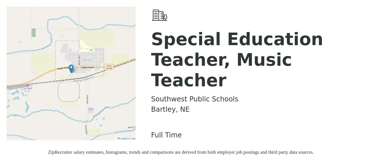 Southwest Public Schools job posting for a Special Education Teacher, Music Teacher in Bartley, NE with a salary of $46,900 to $62,000 Yearly with a map of Bartley location.