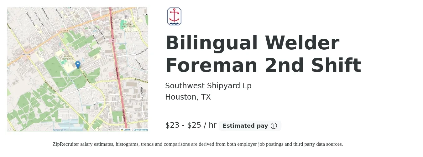 Southwest Shipyard Lp job posting for a Bilingual Welder Foreman 2nd Shift in Houston, TX with a salary of $24 to $26 Hourly with a map of Houston location.